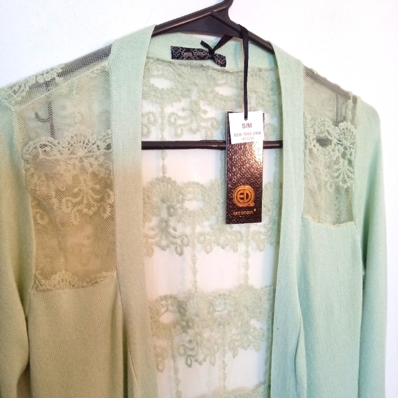 Open Front Cardigan with Lace Back and Shoulder Inserts - Picture 3 of 12